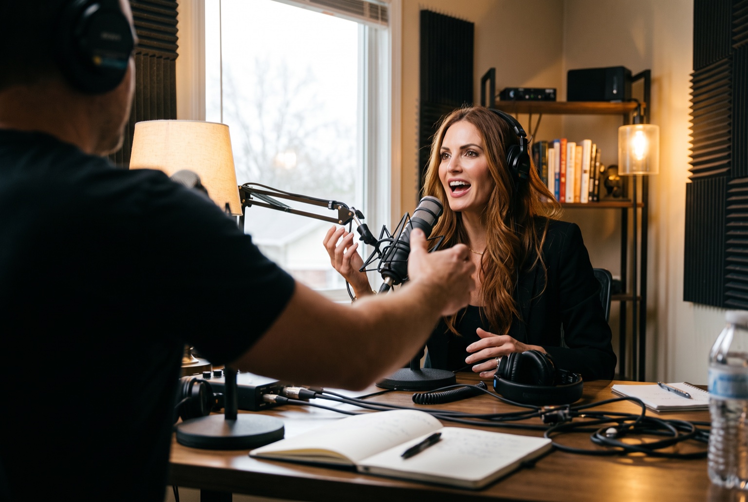Illustrative documentary photograph of Cara Knapp speaking across from a podcast host
