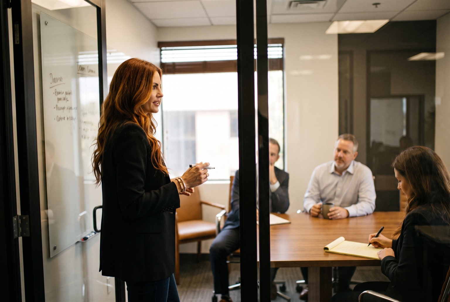 Illustrative editorial photograph of Cara Knapp leading a private strategy session