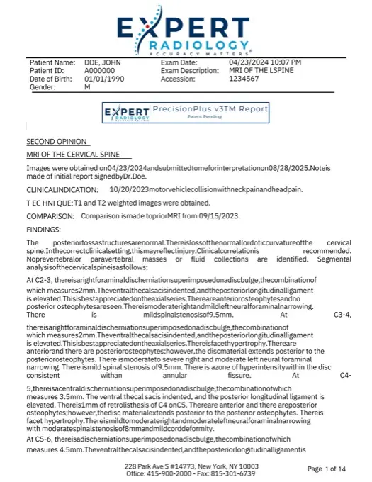 PrecisionPlus detailed radiology report page